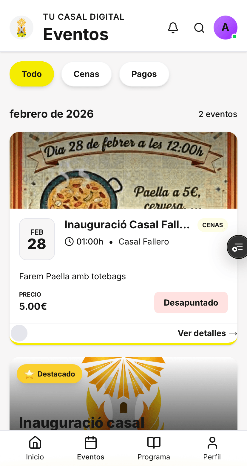 Vista app móvil Casal Virtual